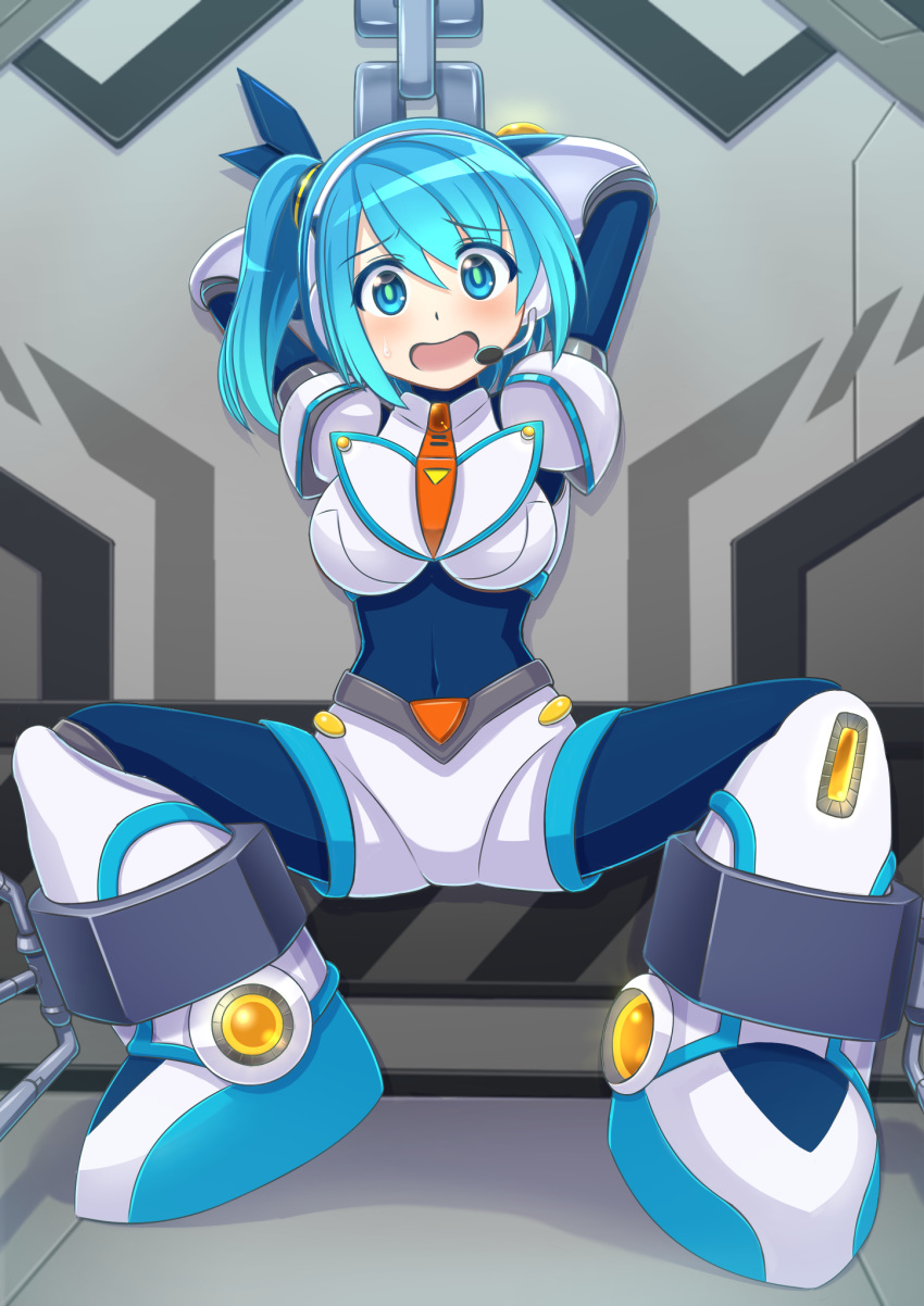 1girl android armor armored_boots arms_behind_head bangs blue_bodysuit blue_eyes blue_hair blue_ribbon blush bodysuit boots bound bound_legs bound_wrists breasts chain commentary_request covered_navel eyebrows_visible_through_hair full_body hair_between_eyes hair_ribbon head_tilt highres large_breasts looking_at_viewer miruno open_mouth ribbon rico_(rockman) rockman rockman_x rockman_x_dive shadow short_hair short_shorts shorts side_ponytail sidelocks skin_tight solo squatting sweat white_armor white_shorts