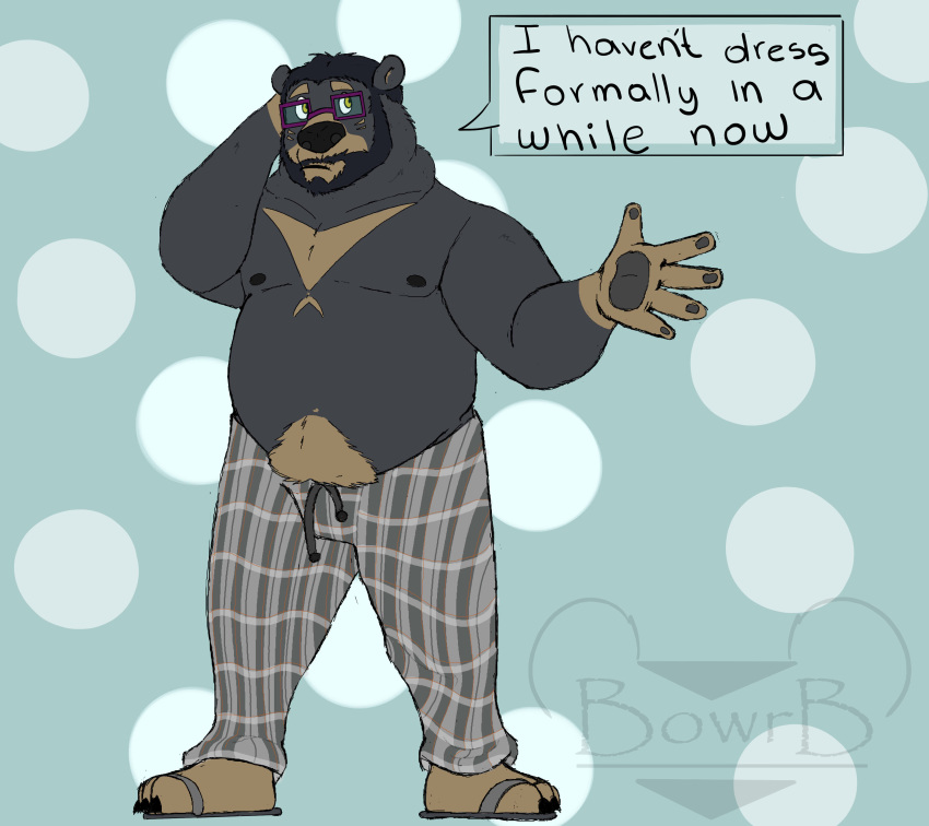 2020 absurd_res anthro beard belly black_body black_fur black_nose bottomwear bowrb_(character) bowrbbear clothing english_text eyewear facial_hair footwear fur glasses hi_res humanoid_hands male mammal nipples overweight overweight_anthro overweight_male pants sandals solo text ursid