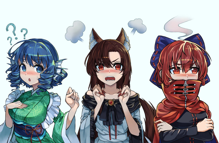 3girls =3 ? animal_ear_fluff animal_ears bangs bare_shoulders blue_bow blue_eyes blue_hair blush bow brooch brown_hair clenched_hand commentary_request creeper_(gametime) crossed_arms drill_hair eyebrows_visible_through_hair fangs fingernails grass_root_youkai_network hair_bow hand_on_own_chest head_fins high_collar highres imaizumi_kagerou jewelry light_blue_background looking_at_viewer looking_away multiple_girls nail_polish open_mouth parted_bangs red_eyes red_hair red_nails ribbon ribbon-trimmed_bow sekibanki sharp_fingernails simple_background slit_pupils steaming_body sweatdrop tail tears touhou twin_drills wakasagihime wide_sleeves wolf_ears wolf_tail zipper