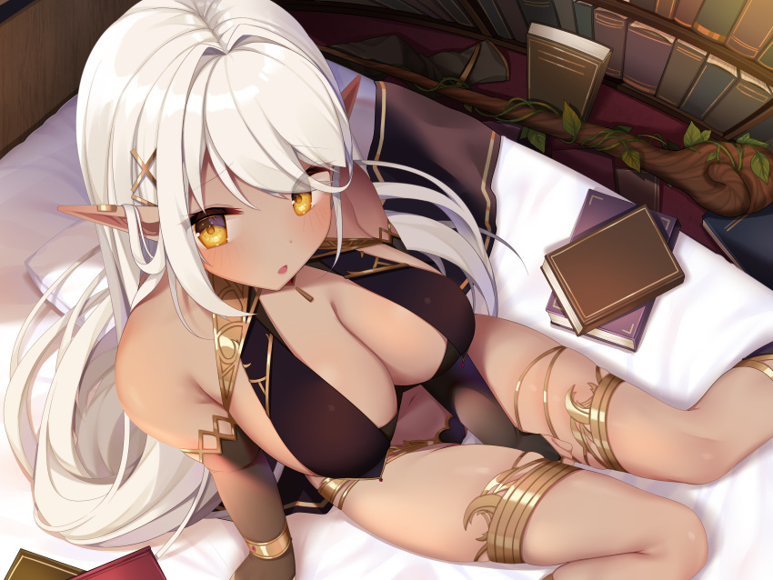 bed book breasts dark_skin elbow_gloves gloves long_hair original pointed_ears shiika_yuno staff white_hair yellow_eyes