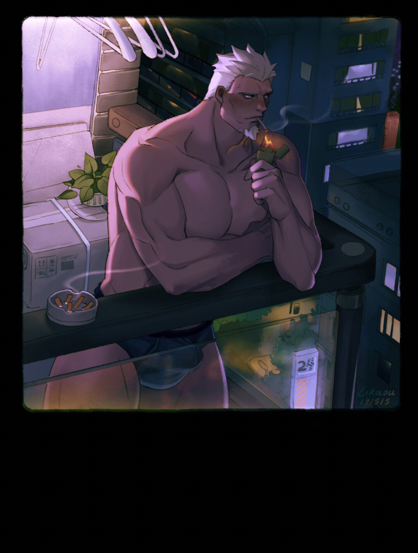 1boy balcony bara briefs building bulge cigarette cigarette_butt facial_hair goatee hair_slicked_back highres likaou male_focus muscular muscular_male old old_man original outdoors pectorals short_hair smoking solo stubble thick_thighs thighs underwear underwear_only white_hair white_male_underwear