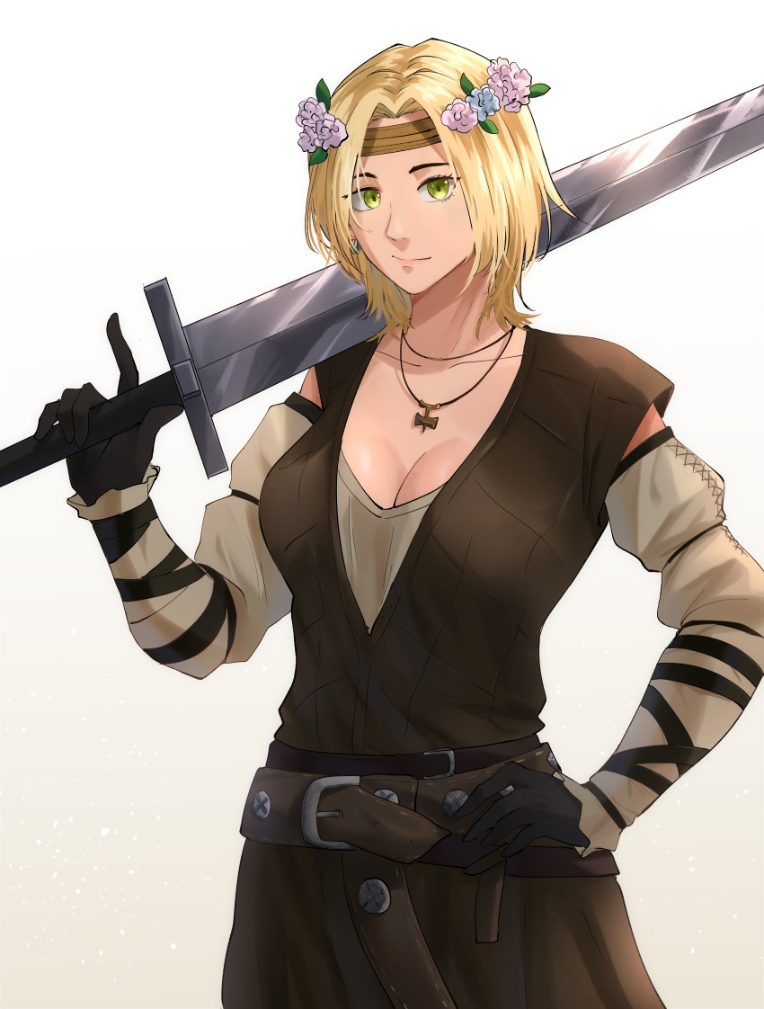 1girl absurdres blonde_hair breasts cleavage commission commissioner_upload detached_sleeves gloves green_eyes head_wreath highres kikaia original over_shoulder short_hair sword tagme the_elder_scrolls the_elder_scrolls_v:_skyrim vreasts weapon weapon_over_shoulder