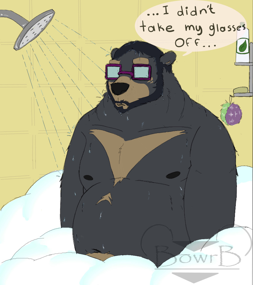 2020 absurd_res anthro bathing beard belly black_body black_fur black_nose bowrb_(character) bowrbbear english_text eyewear facial_hair fur glasses hi_res inside male mammal moobs navel nipples overweight overweight_anthro overweight_male solo text ursid wet