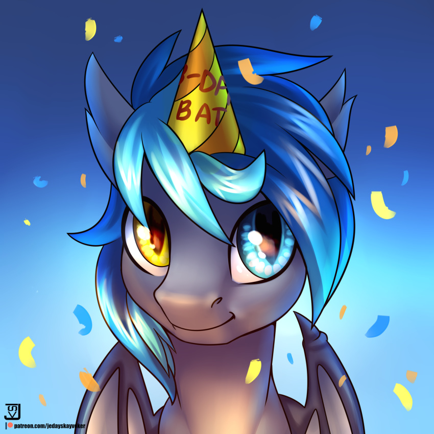 1:1 2020 ambiguous_gender bat_pony birthday_hat black_body black_fur black_wings blue_background blue_eyes blue_mane clothing confetti english_text equid fan_character feral fur hasbro hat headgear headwear heterochromia hi_res jedayskayvoker looking_at_viewer mammal mane membrane_(anatomy) membranous_wings midnight_snowstorm my_little_pony party_hat portrait pupils signature simple_background slit_pupils smile solo text url wing_claws wings yellow_eyes