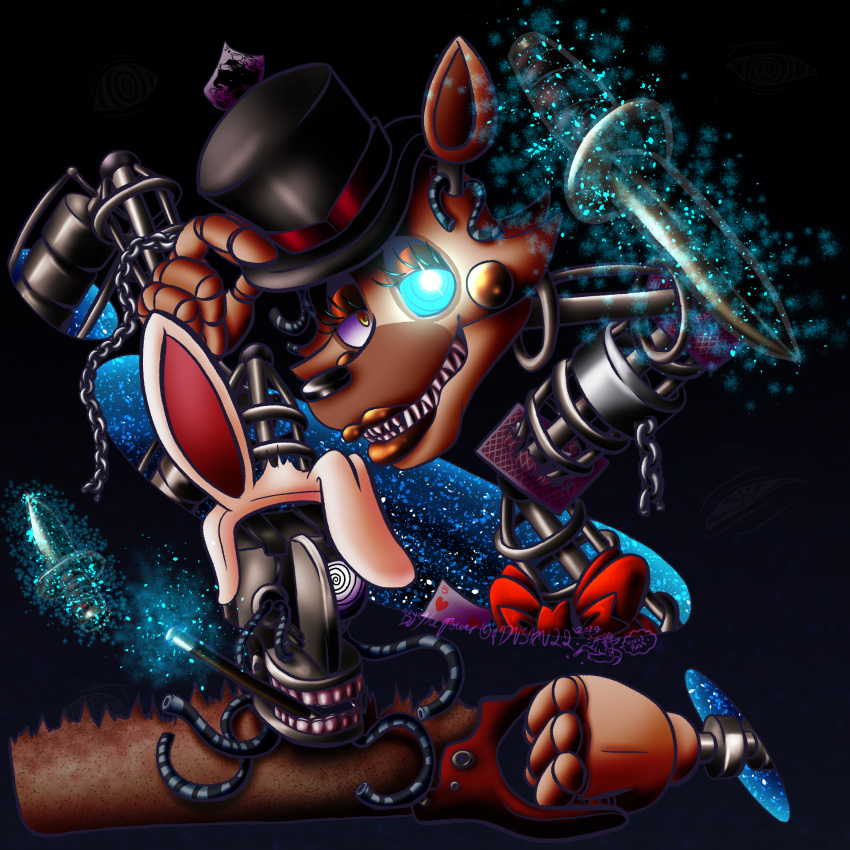 1:1 2020 3_fingers animatronic anthro black_background black_nose blue_sclera bow_tie broken brown_body bythepowerofduskull canid canine clothing cosplay eyelashes female fingers five_nights_at_freddy's five_nights_at_freddy's_2 five_nights_at_freddy's_ar fox fur glowing glowing_eyes grey_body half-closed_eyes hat headgear headwear hi_res lagomorph leporid lips lipstick long_ears looking_at_viewer machine magic magician magician_mangle_(fnaf) makeup mammal mangle_(fnaf) metal metallic metallic_body multicolored_body multicolored_eyes narrowed_eyes orange_lips orange_lipstick portrait rabbit robot rust rusty_saw saw sharp_teeth simple_background smile solo spiral_eyes tan_body teeth tipping_hat tools top_hat video_games wand white_body white_eyes white_fur wire yellow_eyes