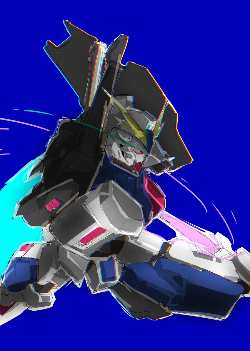 beam_saber blue_background blue_eyes chromatic_aberration gundam gundam:_twilight_axis gundam_tristan highres holding holding_shield holding_sword holding_weapon kuroiwa_cookie mecha no_humans science_fiction shield sketch solo sword v-fin weapon