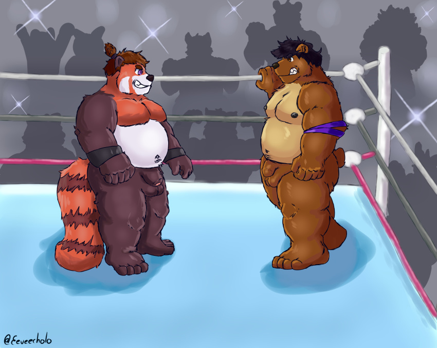 2020 absurd_res ailurid anthro balls belly black_nose brown_body brown_fur butt eeveecholo fighting_ring flaccid fur genitals group hi_res humanoid_hands male mammal moobs musclegut navel nipples overweight overweight_male penis red_body red_fur red_panda ursid white_body white_fur wrestler