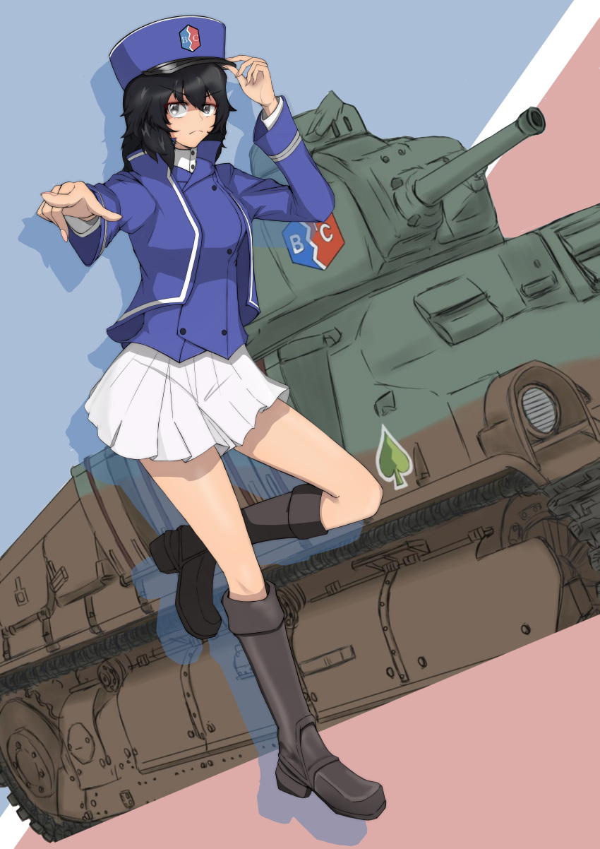 1girl absurdres adjusting_clothes adjusting_headwear andou_(girls_und_panzer) bangs bc_freedom_(emblem) bc_freedom_military_uniform black_footwear black_hair blue_headwear blue_jacket blue_vest booru_(pixiv43668469) boots brown_eyes closed_mouth commentary_request dark_skin dress_shirt dutch_angle emblem eyebrows_visible_through_hair frown girls_und_panzer hat high_collar highres huge_filesize jacket kepi knee_boots leg_up long_sleeves looking_at_viewer medium_hair messy_hair military military_hat military_uniform miniskirt partial_commentary pleated_skirt pointing pointing_at_viewer s35 shirt silhouette skirt solo spade_(shape) standing standing_on_one_leg uniform vest white_shirt white_skirt