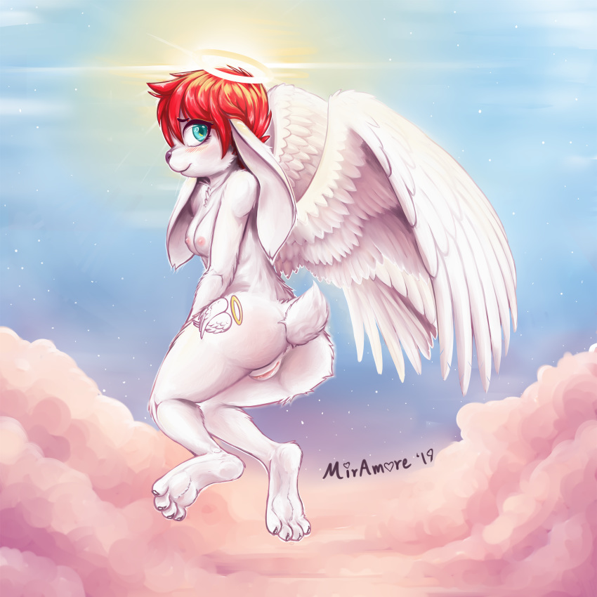 1:1 2019 absurd_res angel anthro anus black_nose blue_eyes blush breasts butt claws cloud dated digital_media_(artwork) domestic_rabbit feathered_wings feathers female floppy_ears fur genitals hair halo hi_res hindpaw kira_sher lagomorph leporid long_ears looking_at_viewer lop_ears lop_rabbit mammal miramore monotone_body monotone_fur nipples nude oryctolagus outside paws pink_nipples pinup pose pussy rabbit red_hair signature simple_background sky small_tail smile solo solo_focus tattoo tongue tuft white_body white_fur white_tail white_wings wings