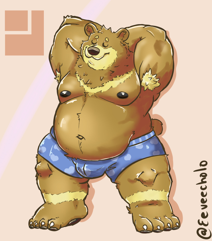 2020 absurd_res anthro belly brown_body brown_fur bulge clothing eeveecholo eyes_closed fur hi_res male mammal moobs nipples overweight overweight_anthro overweight_male solo underwear ursid