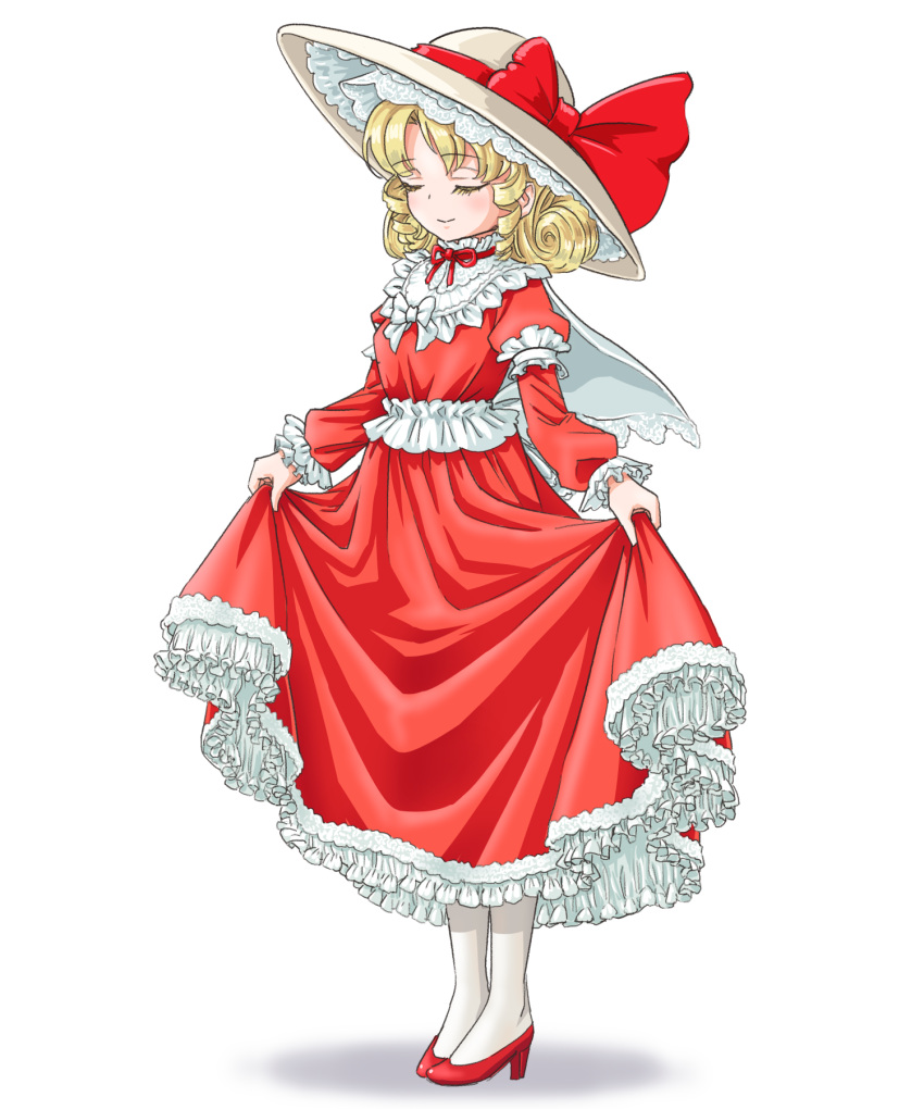 1girl bangs blonde_hair bow breasts capelet closed_eyes closed_mouth commentary_request curly_hair dress dress_bow drill_hair elly_(touhou) eyebrows_visible_through_hair facing_viewer frilled_dress frilled_shirt_collar frilled_sleeves frills full_body hat hat_bow hat_ribbon high_heels highres juliet_sleeves lace-trimmed_capelet lace-trimmed_dress lace-trimmed_headwear lace_trim light_blush long_dress long_sleeves medium_hair neck_ribbon pantyhose parted_bangs puffy_sleeves pumps red_bow red_dress red_footwear red_ribbon ribbon s-a-murai shoes sidelocks simple_background skirt_hold small_breasts smile solo standing sun_hat touhou touhou_(pc-98) twin_drills white_background white_bow white_capelet white_headwear white_legwear