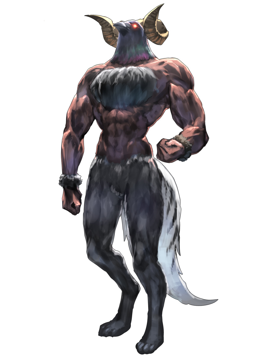 1other animal_head bird chest_hair chimera curled_horns full_body fusion glowing glowing_eyes hatotaurus_(ookami_mio) highres hololive horns izumi_sai muscular nude official_art pigeon red_eyes sheep_horns simple_background solo standing tail virtual_youtuber white_background wolf_legs wolf_tail wrist_cuffs