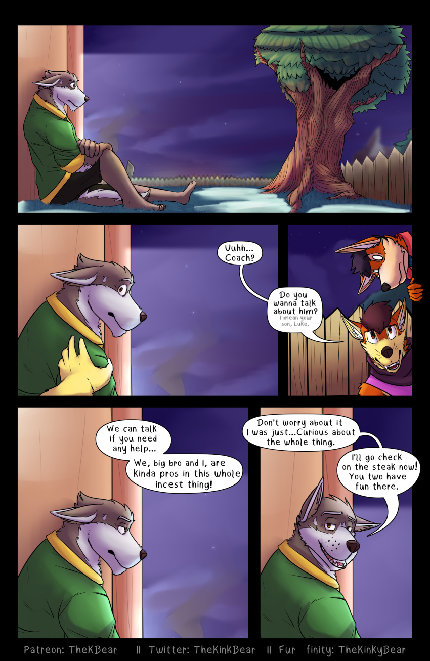 2020 absurd_res anthro canid canine canis clothed clothing coach_dale comic detailed_background dialogue english_text fox fully_clothed group hi_res incest_(lore) male mammal night outside plant raseme rauke snow text thekinkybear tree wolf