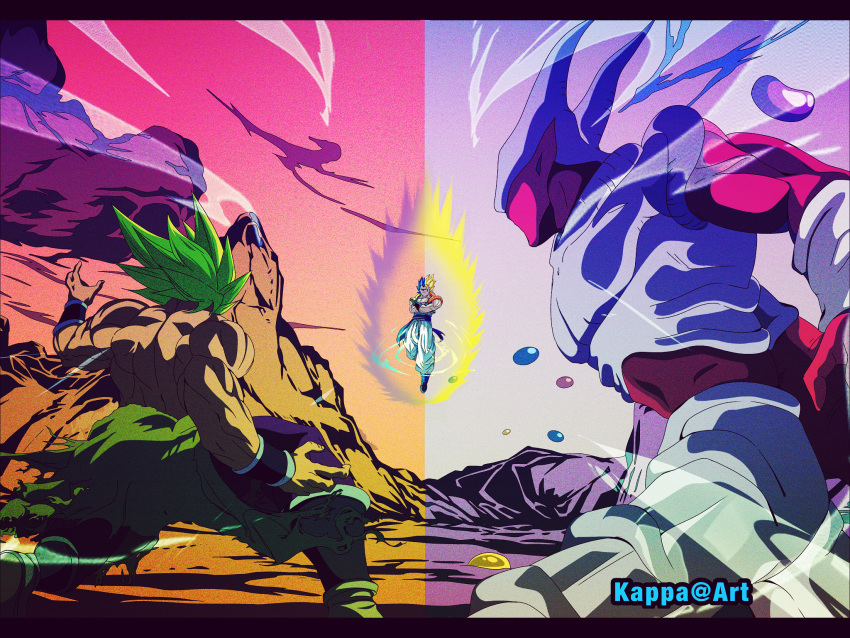 3boys arms_at_sides aura baggy_pants battle broly_(dragon_ball_super) colorful crossed_arms dragon_ball dragon_ball_super dragon_ball_super_broly dragon_ball_z fighting_stance fingernails floating from_behind gogeta green_hair highres janemba kappa_(moonsidekanade) legs_apart letterboxed male_focus metamoran_vest mountain multiple_boys muscular pants pink_background purple_background shirtless spiked_hair split_screen super_saiyan super_saiyan_1 super_saiyan_blue super_saiyan_full_power torn_clothes twitter_username white_pants wind wristband