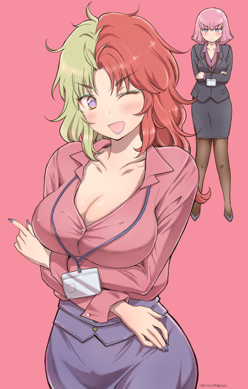 2girls absurdres annoyed arasa_ol_haman-sama arms_under_breasts bangs black_skirt blonde_hair blunt_bangs blush breasts chara_soon cleavage collarbone formal green_eyeshadow gundam gundam_zz haman_karn highres id_card iwasaki_masakazu large_breasts lipstick makeup multicolored_hair multiple_girls office_lady official_art one_eye_closed open_mouth pencil_skirt pink_hair purple_eyes purple_lipstick purple_skirt red_hair shirt_tucked_in skirt suit two-tone_hair v-shaped_eyebrows