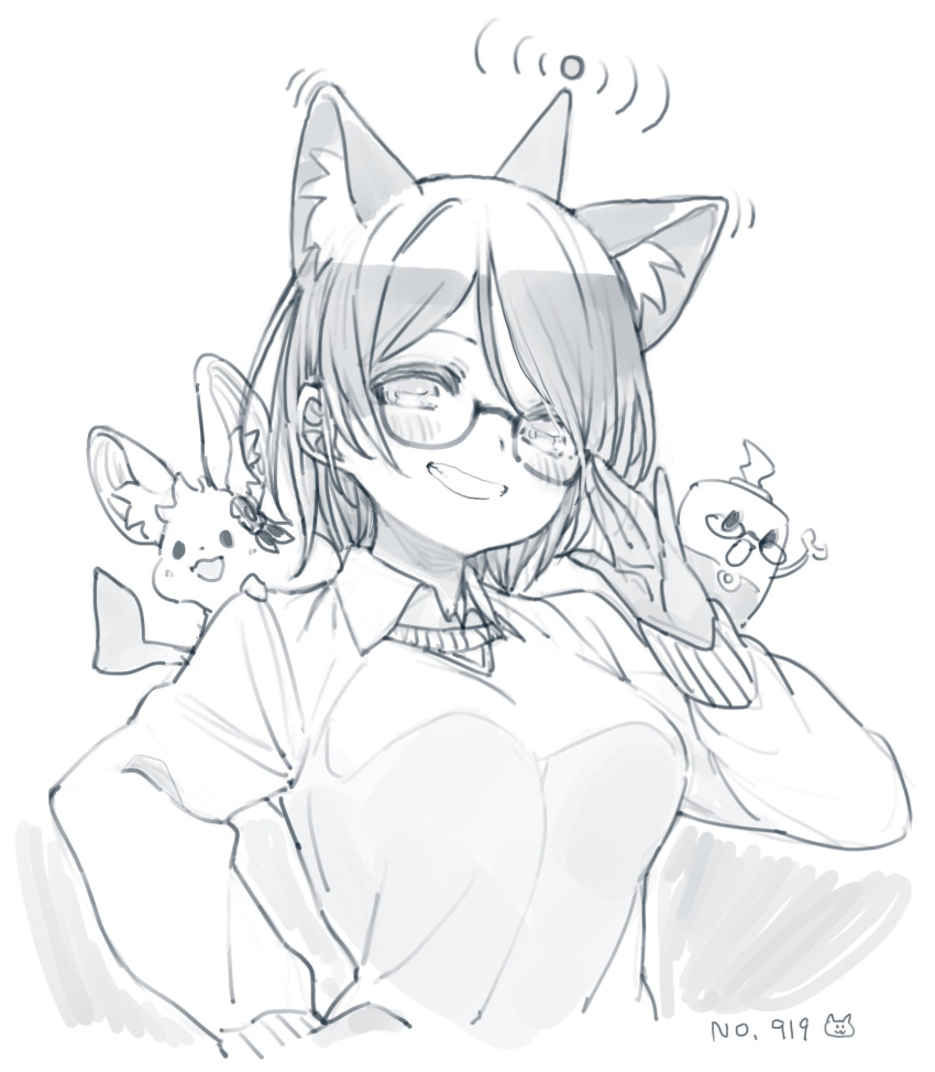 1girl animal animal_ear_fluff animal_ears bangs breasts glasses greyscale highres hololive looking_at_viewer looking_down medium_breasts monochrome nosir_onadat open_mouth radio_antenna roboco-san robosaa_(roboco) short_hair smile solo_focus virtual_youtuber wifi_symbol