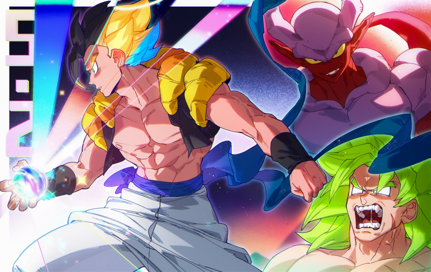 3boys abs angry backlighting baggy_pants bangs belt black_hair blonde_hair blue_belt blue_hair broly_(dragon_ball_super) clenched_hand clenched_teeth colorful dark_background dragon_ball dragon_ball_super dragon_ball_super_broly dragon_ball_z energy_ball evil_smile expressionless facing_away facing_viewer feet_out_of_frame fighting_stance fingernails frown glowing gogeta gradient gradient_background green_eyes green_hair growling halo highres horns janemba legs_apart light_particles light_rays looking_at_viewer male_focus messy_hair metamoran_vest multiple_boys muscular no_pupils open_mouth pants parted_lips pectorals pink_background pointy_ears profile purple_background qiashucai saliva saliva_trail scar scar_on_chest sharp_teeth smile sparkle spiked_hair split_theme standing stardust_breaker super_saiyan super_saiyan_1 super_saiyan_blue super_saiyan_full_power tail teeth veins white_pants wristband