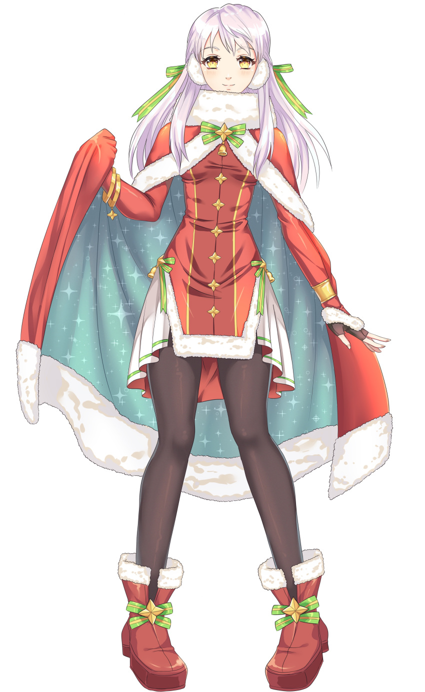 1girl absurdres adapted_costume bell black_gloves black_legwear blush boots bow bracelet cape christmas dress earmuffs fingerless_gloves fire_emblem fire_emblem:_radiant_dawn fire_emblem_heroes fur-trimmed_boots fur-trimmed_cape fur-trimmed_dress fur_collar fur_trim gloves green_ribbon hair_ribbon highres holding holding_cape jewelry leenvidia long_hair long_sleeves micaiah_(fire_emblem) multicolored multicolored_cape multicolored_clothes pantyhose red_cape red_dress ribbon silver_hair simple_background smile snowsakurachan solo white_background yellow_eyes