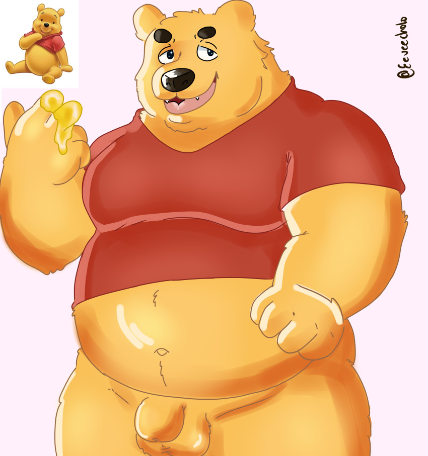 2020 absurd_res anthro black_nose clothing disney eeveecholo food fur hi_res honey_(food) humanoid_hands male mammal overweight overweight_anthro overweight_male pooh_bear shirt simple_background solo topwear ursid winnie_the_pooh_(franchise) yellow_body yellow_fur