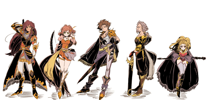 2boys 3girls armor blonde_hair boots bow brown_hair butz_klauser circlet facial_hair faris_scherwiz final_fantasy final_fantasy_v galuf_halm_baldesion grey_hair hair_ornament highres holding holding_weapon krile_mayer_baldesion lenna_charlotte_tycoon multiple_boys multiple_girls mustache pauldrons pink_hair pirate pose princess purple_hair saito_piyoko shoulder_armor simple_background skirt spikes staff sword thigh_strap thighhighs thighs weapon