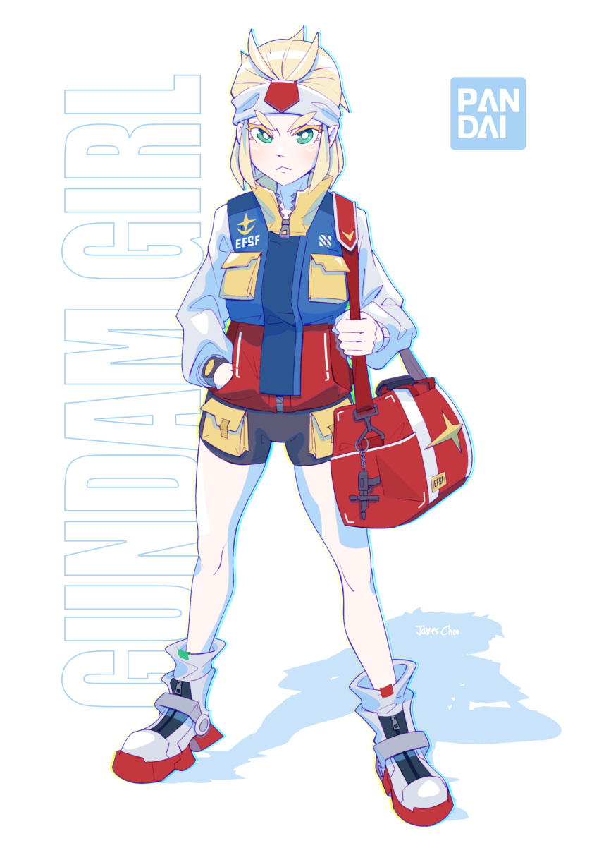 1girl absurdres artist_name bag bandai blonde_hair blue_eyes brand_name_imitation breasts character_name frown gundam hand_in_pocket handbag headband highres jacket james_choo looking_at_viewer medium_breasts mobile_suit_gundam personification rx-78-2 shadow solo tied_hair v-fin v-shaped_eyebrows white_headband