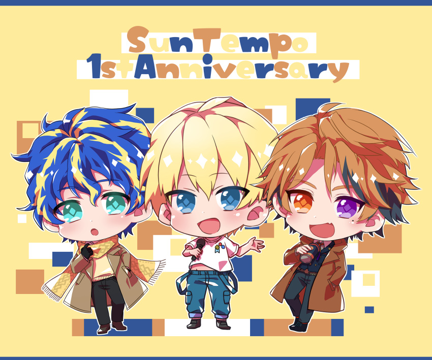 3boys alternate_costume anniversary aqua_eyes astel_leda blonde_hair blue_eyes blue_hair brown_jacket chibi hand_in_pocket heterochromia highres holding holding_microphone holostars jacket kishido_temma mawata microphone mole mole_under_eye multicolored_hair multiple_boys open_hand open_mouth orange_eyes orange_hair purple_eyes streaked_hair suntempo virtual_youtuber yukoku_roberu