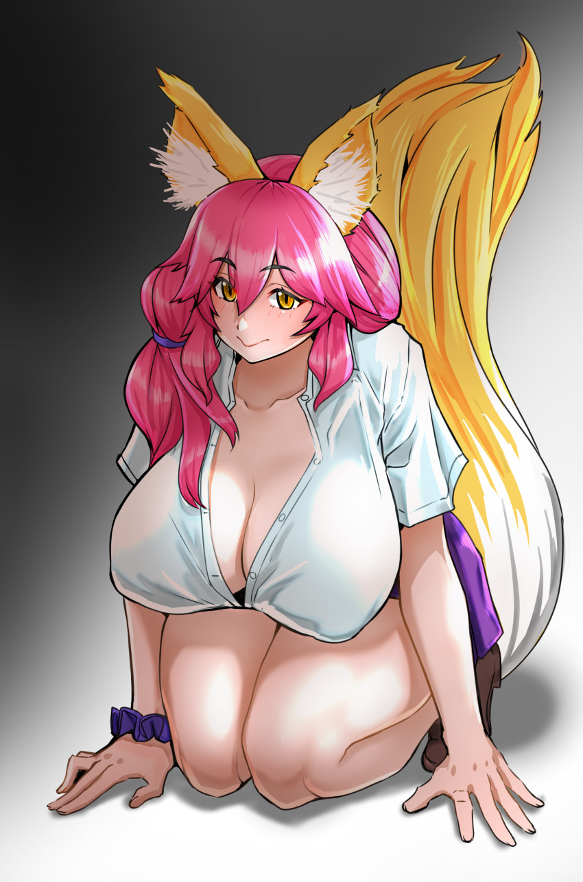 5_fingers absurd_res animal_humanoid big_breasts big_tail biped bottomwear bracelet breasts canid canid_humanoid canine canine_humanoid caster_tamamo-no-mae cleavage clothed clothing eyelashes fate_(series) female fingers footwear fox_humanoid front_view fully_clothed fur glistening glistening_hair gradient_background hair hi_res high-angle_view huge_breasts humanoid humanoid_hands inner_ear_fluff jewelry kneeling light_body light_skin long_hair looking_at_viewer mammal mammal_humanoid monotone_hair nipple_outline pink_hair ponytail pupils purple_bottomwear purple_clothing purple_skirt shirt shoes simple_background skirt slit_pupils solo topwear tuft two_tone_tail uc_(artist) white_clothing white_shirt white_topwear yellow_body yellow_eyes yellow_fur