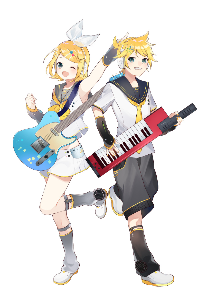 1boy 1girl absurdres arm_up arm_warmers bangs bare_shoulders black_collar black_shorts blonde_hair blue_eyes bow collar commentary crop_top electric_guitar fortissimo full_body grey_collar grey_sleeves grin guitar hair_bow hair_ornament hairclip headphones heart highres holding holding_instrument instrument kagamine_len kagamine_len_(vocaloid4) kagamine_rin kagamine_rin_(vocaloid4) keytar leg_warmers looking_at_viewer miniskirt music nail_polish neckerchief necktie official_art omutatsu one_eye_closed open_mouth outstretched_arm playing_instrument pleated_skirt sailor_collar school_uniform see-through_sleeves shirt short_hair short_ponytail short_sleeves shorts skirt sleeveless sleeveless_shirt smile spiked_hair standing star_(symbol) star_hair_ornament suspenders swept_bangs v4x vocaloid vocaloid_boxart_pose white_background white_bow white_footwear white_shirt white_skirt yellow_nails yellow_neckwear