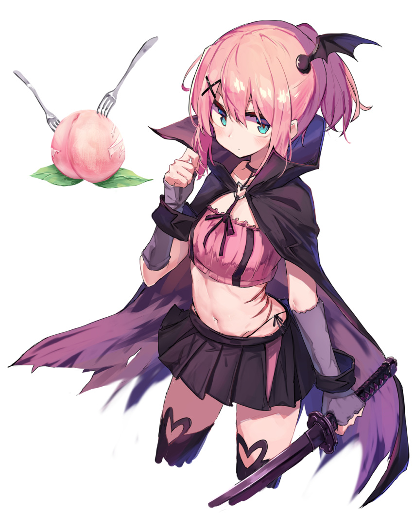 1girl bat_wings beize_(garbage) cape chiyoda_momo crop_top elbow_gloves fingerless_gloves food fork fruit gloves hair_ornament hairclip halter_top halterneck highres machikado_mazoku midriff miniskirt navel panties peach pink_hair scar sexually_suggestive shiny shiny_hair short_hair side-tie_panties simple_background skirt solo sword thighhighs underwear weapon white_background wings