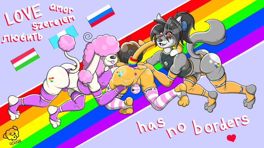 absurd_res anthro canid canine canis confusedkitty confusedkitty_(artist) devon domestic_cat domestic_dog felid feline felis flags girly group helsy hi_res lgbt_pride mainnm-e male male/male mammal poodle pride_colors wolf