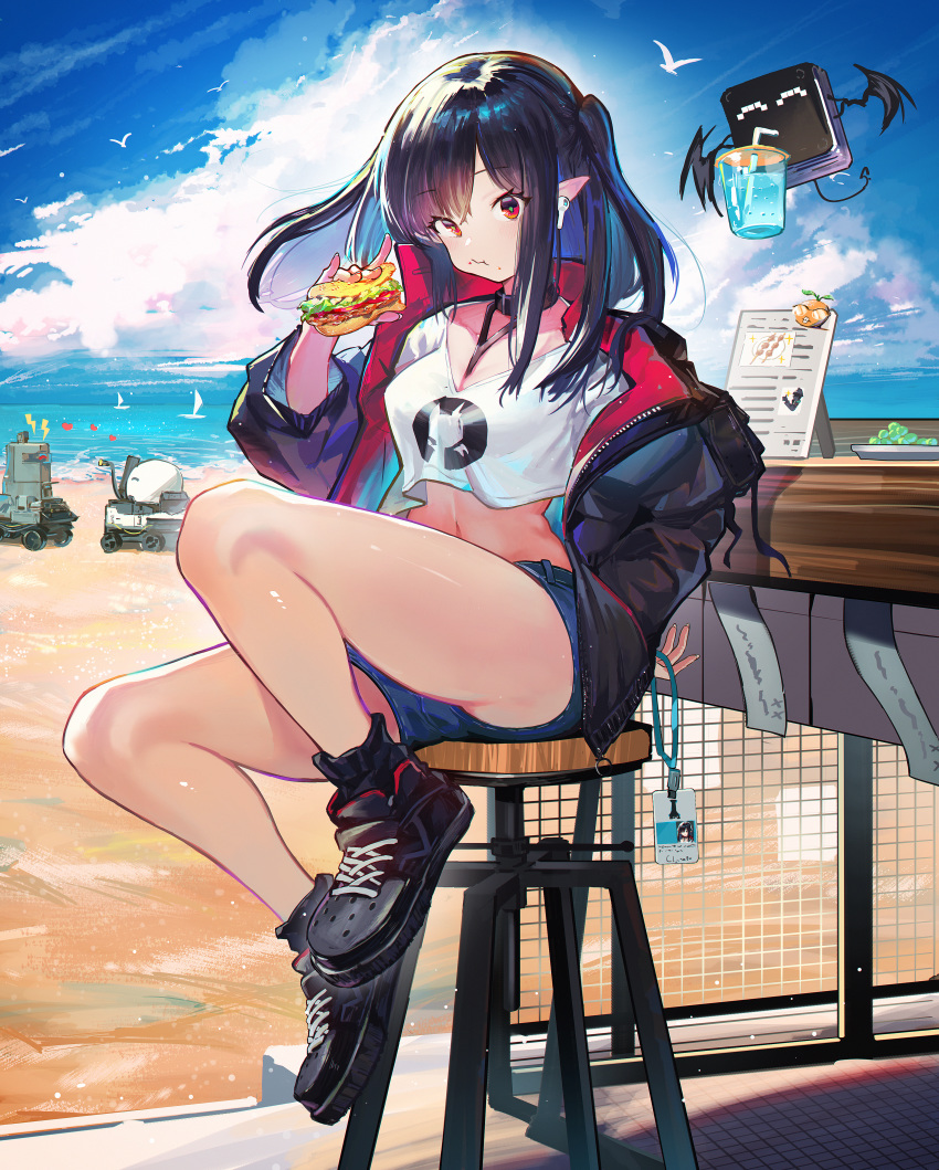 1girl ^_^ absurdres airpods ankle_boots arknights bangs bar_stool bare_legs beach black_footwear black_hair black_jacket blue_hair blue_shorts boots breasts castle-3_(arknights) chinese_commentary cleavage closed_eyes closure_(arknights) cloud cloudy_sky colored_inner_hair commentary_request commission counter creature crop_top crop_top_overhang day denim denim_shorts eating eyebrows_visible_through_hair food food_on_face full_body gaanc_23_(tomosuge) hand_on_hip heart highres holding holding_food huge_filesize id_card jacket lancet-2_(arknights) long_hair long_sleeves looking_at_viewer medium_breasts mixed-language_commentary multicolored_hair navel ocean open_clothes open_jacket outdoors pointy_ears red_eyes sandwich shirt short_shorts shorts sidelocks sitting sky stomach stool two-tone_hair unzipped white_shirt