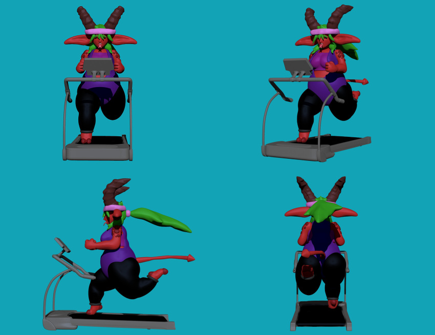 absurd_res accessory demon exercise female green_hair hair headband hi_res horn humanoid overweight overweight_female overweight_humanoid red_body simple_background sk8th solo treadmill workout zbrush