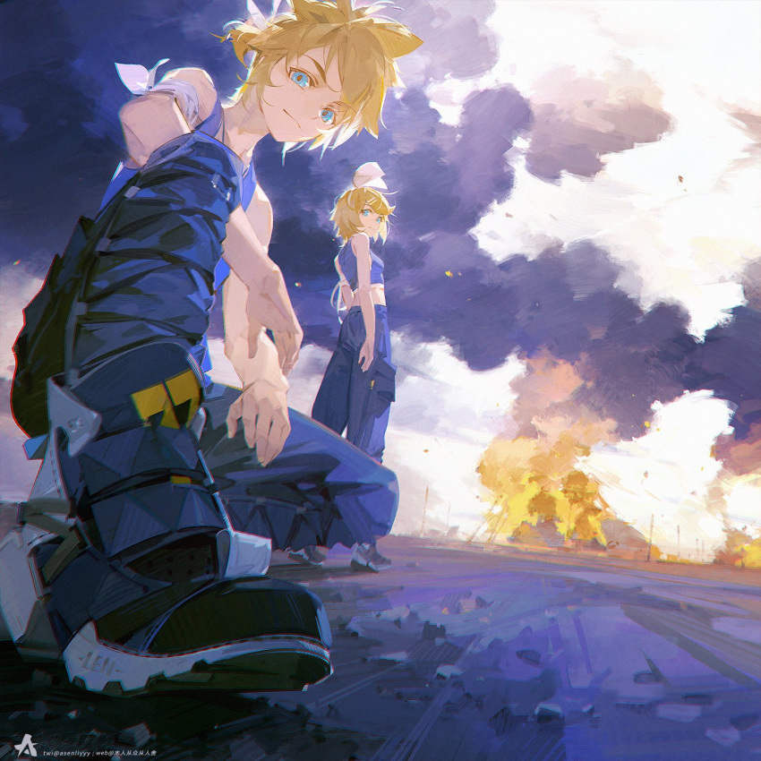 1boy 1girl a-shacho arm_scarf bangs black_pants blonde_hair blue_eyes bow closed_mouth crop_top explosion hair_bow hair_ornament hairclip highres kagamine_len kagamine_rin one_knee outdoors pants ponytail ready_steady_(vocaloid) short_hair short_ponytail siblings sleeveless smoke standing tank_top twins vocaloid
