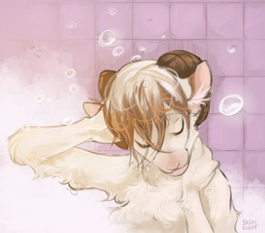 2020 absurd_res anthro bathroom bovid brown_body brown_fur brown_horn bubble caprine colored curved_horn digital_drawing_(artwork) digital_media_(artwork) eyes_closed fur hi_res horn male mammal moowool nude shampoo sheep shower signature skifchan smile solo solo_focus wet wet_body wet_fur white_body white_fur wool_(fur)