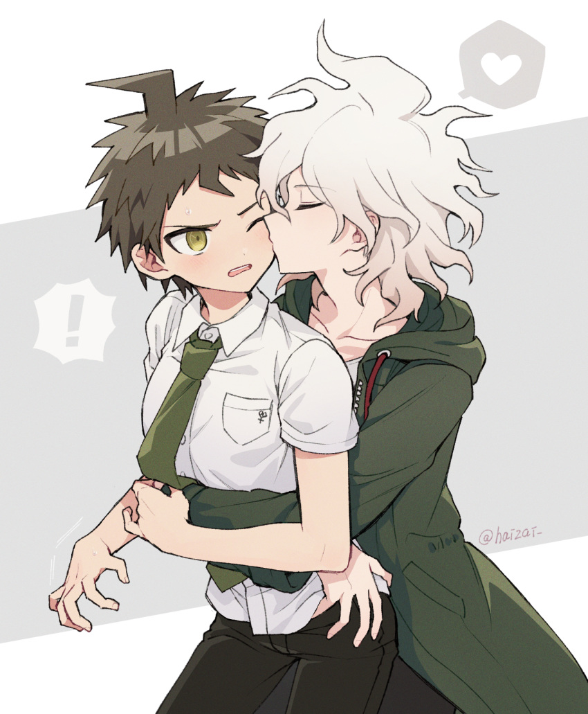 ! 2boys ahoge black_pants blush breast_pocket brown_eyes brown_hair cheek_kiss closed_eyes coat collarbone collared_shirt commentary_request danganronpa_(series) danganronpa_2:_goodbye_despair dress_shirt green_coat green_neckwear grey_background grey_hair heart highres hinata_hajime hood hoodie hug hug_from_behind kiss komaeda_nagito long_sleeves male_focus messy_hair multiple_boys necktie one_eye_closed open_clothes open_coat open_mouth pants pocket shirt short_hair short_sleeves spoken_exclamation_mark spoken_heart takagiri twitter_username two-tone_background upper_teeth white_background white_shirt yaoi