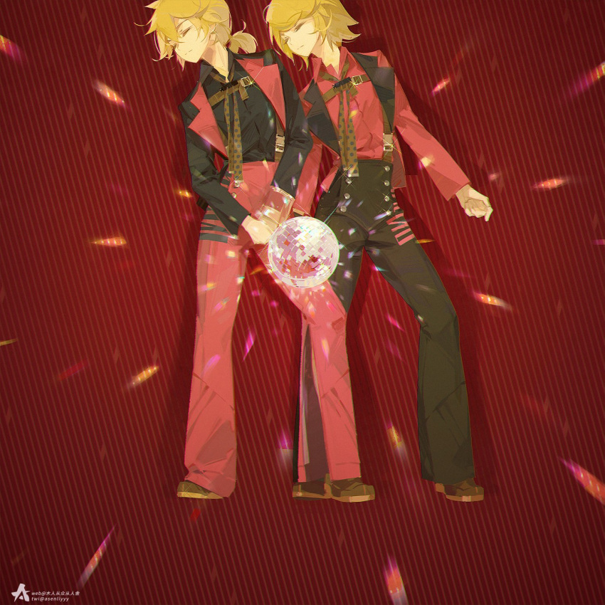 1boy 1girl a-shacho bangs black_pants black_shirt blonde_hair brown_footwear closed_eyes closed_mouth disco disco_ball hair_between_eyes highres kagamine_len kagamine_rin long_sleeves pants ponytail red_background red_pants red_shirt shirt short_hair short_ponytail siblings suspenders twins vocaloid