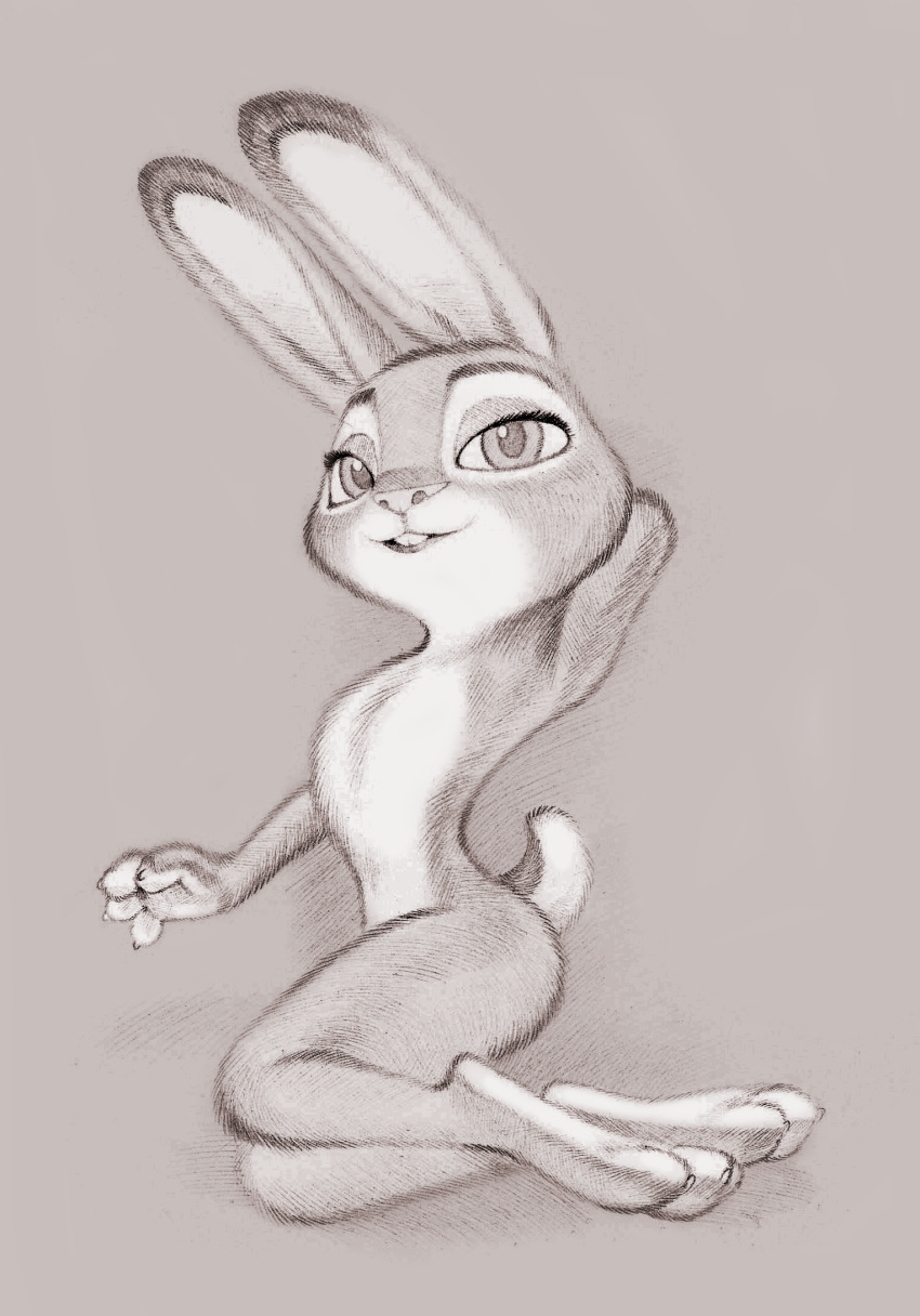 4_fingers anthro bedroom_eyes buckteeth dipstick_ears disney female finger_claws fingers fuchs hand_behind_head hi_res judy_hopps lagomorph leporid mammal monochrome multicolored_ears narrowed_eyes nude pinup pose rabbit seductive simple_background sketch solo teeth traditional_media_(artwork) zootopia