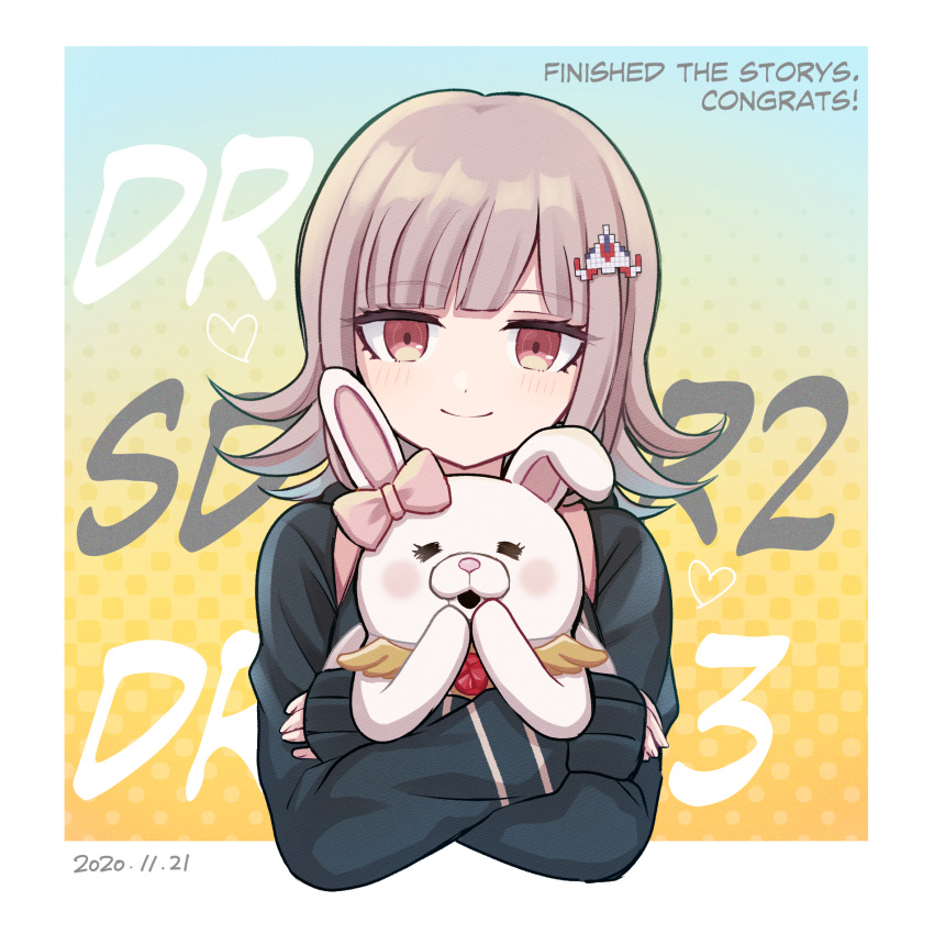 1girl artist_name bangs black_jacket blush closed_mouth commentary_request copyright_name danganronpa_(series) danganronpa_2:_goodbye_despair ear_ribbon eyebrows_visible_through_hair flipped_hair hair_ornament hairpin heart highres holding hood jacket long_sleeves looking_at_viewer medium_hair monomi_(danganronpa) nanami_chiaki pink_eyes pink_hair sleeves_past_wrists smile takagiri upper_body usami_(danganronpa)