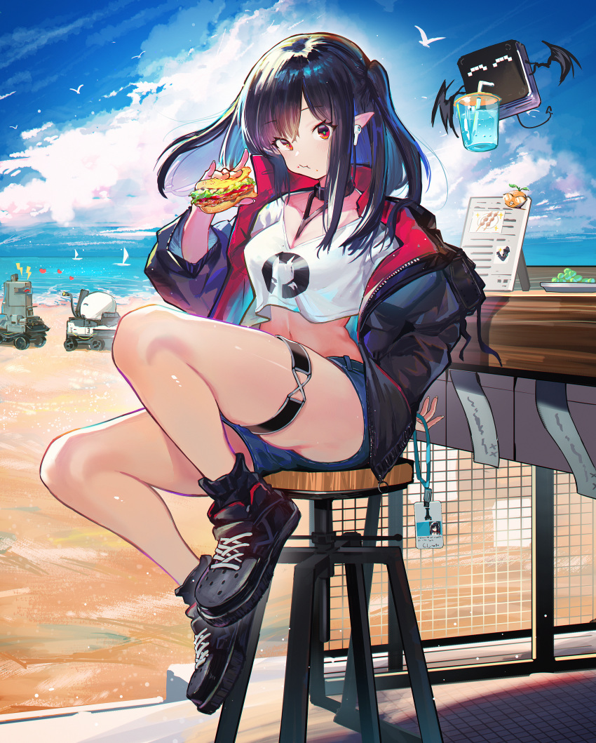 1girl ^_^ absurdres airpods ankle_boots arknights bangs bar_stool bare_legs beach black_footwear black_hair black_jacket blue_hair blue_shorts boots breasts castle-3_(arknights) chinese_commentary cleavage closed_eyes closure_(arknights) cloud cloudy_sky colored_inner_hair commentary_request commission counter creature crop_top crop_top_overhang day denim denim_shorts eating eyebrows_visible_through_hair food food_on_face full_body gaanc_23_(tomosuge) hand_on_hip heart highres holding holding_food huge_filesize id_card jacket lancet-2_(arknights) long_hair long_sleeves looking_at_viewer medium_breasts mixed-language_commentary multicolored_hair navel ocean open_clothes open_jacket outdoors pointy_ears red_eyes sandwich shirt short_shorts shorts sidelocks sitting sky stomach stool thigh_strap two-tone_hair unzipped white_shirt