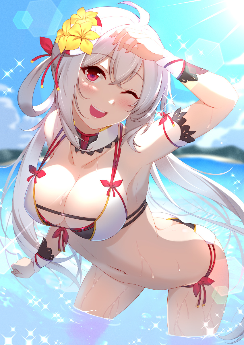 1girl absurdres ahoge arm_up bikini breasts cleavage flower hair_flower hair_ornament highres large_breasts leaning_forward long_hair matoi_(pso2) multicolored_bikini multicolored_clothes navel one_eye_closed open_mouth outdoors partially_submerged phantasy_star phantasy_star_online_2 rin_ateria shading_eyes side-tie_bikini solo sparkle sunlight swimsuit teeth twintails upper_teeth water wet white_hair