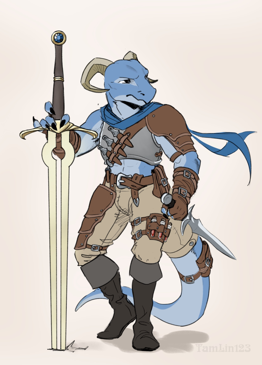 abs anthro armor boots clothing dagger dragonborn dungeons_and_dragons fantasy footwear furgonomics greatsword hasbro hi_res horn male melee_weapon midriff plantigrade scarf solo tail_clothing tail_pouch tamlin123 unconvincing_armor weapon wizards_of_the_coast