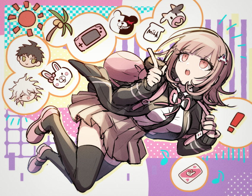 ! 1girl backpack bag bangs black_shirt breasts brown_eyes brown_hair brown_jacket brown_skirt card cat_bag character_print cow danganronpa_(series) danganronpa_2:_goodbye_despair ear_ribbon flipped_hair grey_hair hair_ornament hairclip handheld_game_console heart heart_print highres hinata_hajime hood hooded_jacket index_finger_raised jacket komaeda_nagito light_brown_hair long_sleeves medium_breasts medium_hair milk monokuma monomi_(danganronpa) nanami_chiaki open_clothes open_jacket open_mouth palm_tree pink_bag pink_footwear playing_card pleated_skirt shirt shoes short_hair sketch skirt takagiri thighhighs tree tree_print two-tone_shirt upper_teeth white_shirt zettai_ryouiki