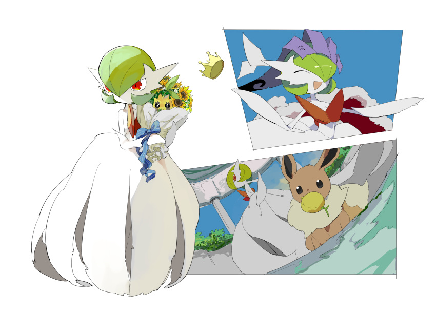 1girl :3 aegislash anger_vein apios1 bangs bare_shoulders berry_(pokemon) black_eyes black_sclera blank_eyes blue_bow blue_ribbon blue_sky bob_cut bouquet bow bush cape closed_eyes closed_mouth cloud commentary creatures_(company) crown day dress dutch_angle eevee elbow_gloves expressionless female fisheye flat_chest flower from_side full_body fur-trimmed_cape fur_trim game_freak gardevoir gen_1_pokemon gen_2_pokemon gen_3_pokemon gen_6_pokemon gloves green_hair hair_over_one_eye hand_on_another's_head hands_up happy highres indoors looking_at_another mega_gardevoir mega_pokemon mouth_hold multiple_views nintendo open_mouth pokemon pokemon_(creature) red_cape red_eyes ribbon shiny shiny_hair short_hair sitrus_berry sitting sky smile standing strapless strapless_dress striped striped_bow striped_ribbon sunflower sunkern upper_body white_dress white_eyes white_flower white_gloves yellow_flower yellow_headwear