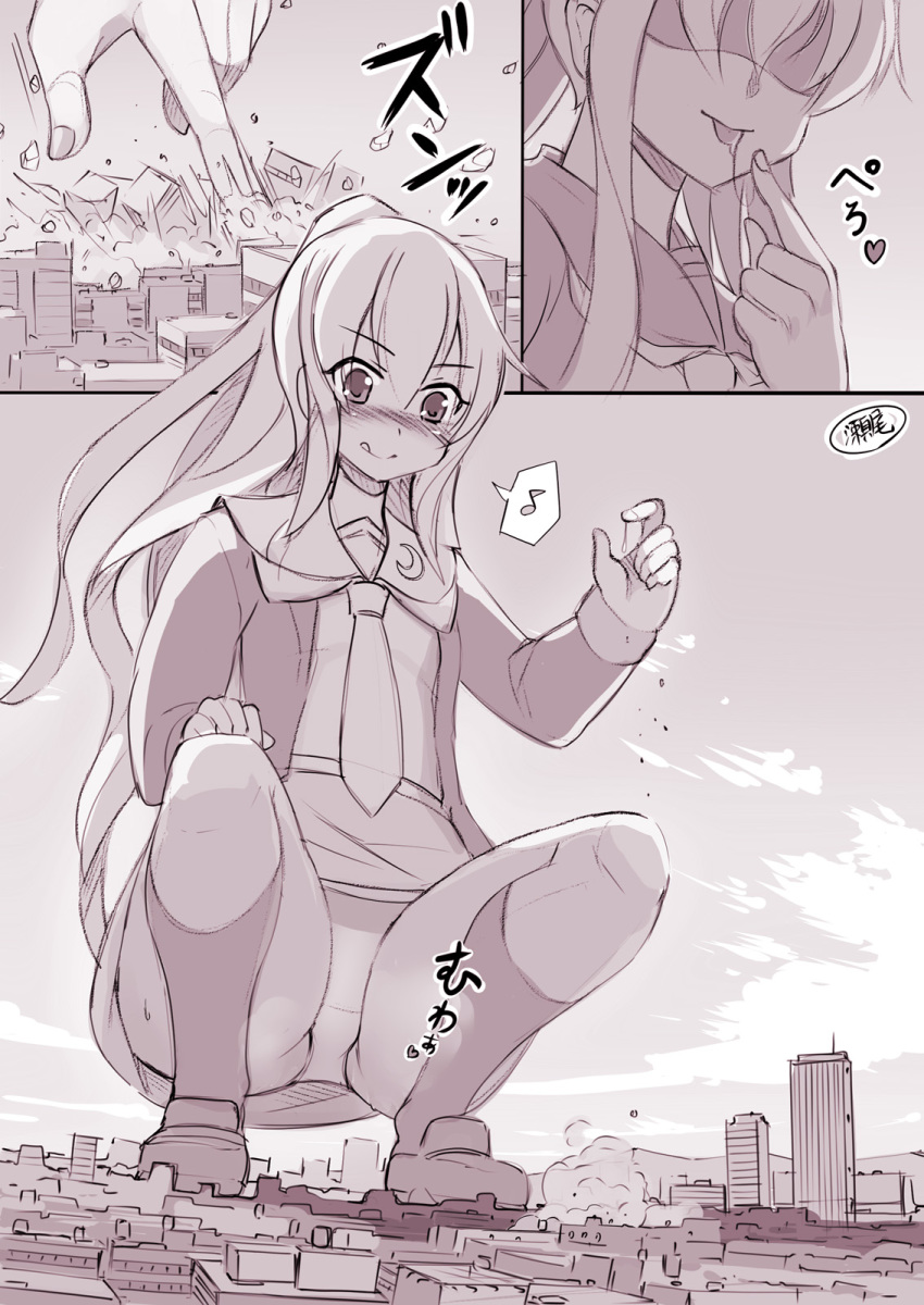 1girl artist_logo artist_name blush building crescent crescent_moon_pin eighth_note eyebrows_visible_through_hair fumizuki_(kantai_collection) giant giantess hair_between_eyes heart highres kantai_collection kneehighs long_hair long_sleeves monochrome musical_note neckerchief panties ponytail remodel_(kantai_collection) seo_tatsuya skirt smile solo spoken_musical_note tongue tongue_out underwear