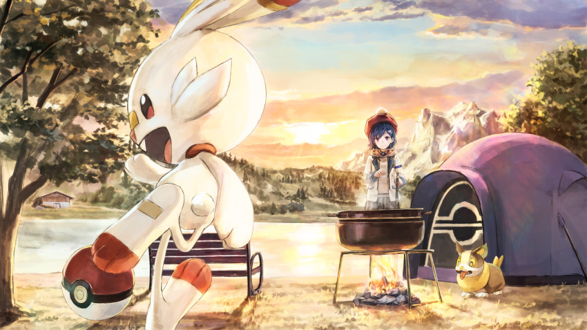 1girl 54cr bench blue_hair building campfire closed_mouth cloud commentary_request dolphin_hair_ornament fire gen_8_pokemon hat highres jacket long_sleeves nijisanji nishizono_chigusa outdoors poke_ball poke_ball_(basic) pokemon pokemon_(creature) pot red_headwear scorbunny sky smile standing sun tam_o'_shanter tent tree white_jacket yamper