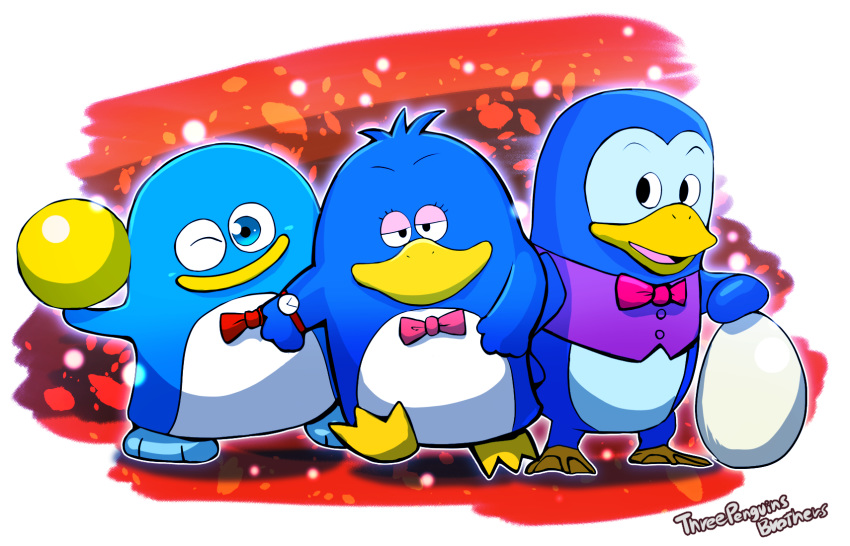 antarctic_adventure avian ball bird black_eyes blue_body blue_eyes blue_feathers blush bow_tie clock doki_doki_penguin_land egg feathers hi_res male n_sakurajyousui one_eye_closed penguin penguin_wars penta_(antarctic_adventure) snow watch white_body white_feathers wink