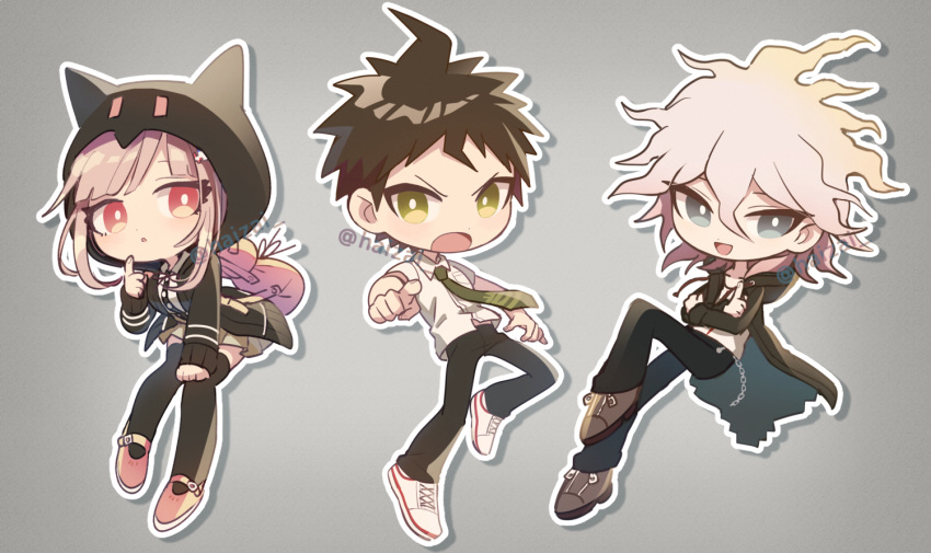 1girl 2boys backpack bag bangs black_jacket black_pants black_shirt brown_hair brown_pants cat_bag chain chibi commentary_request danganronpa_(series) danganronpa_2:_goodbye_despair green_eyes grey_hair hair_ornament hairclip hinata_hajime hood hood_up hooded_jacket hoodie jacket komaeda_nagito medium_hair multiple_boys nanami_chiaki necktie open_mouth pants pink_eyes pink_hair shirt short_hair takagiri thighhighs two-tone_shirt white_shirt