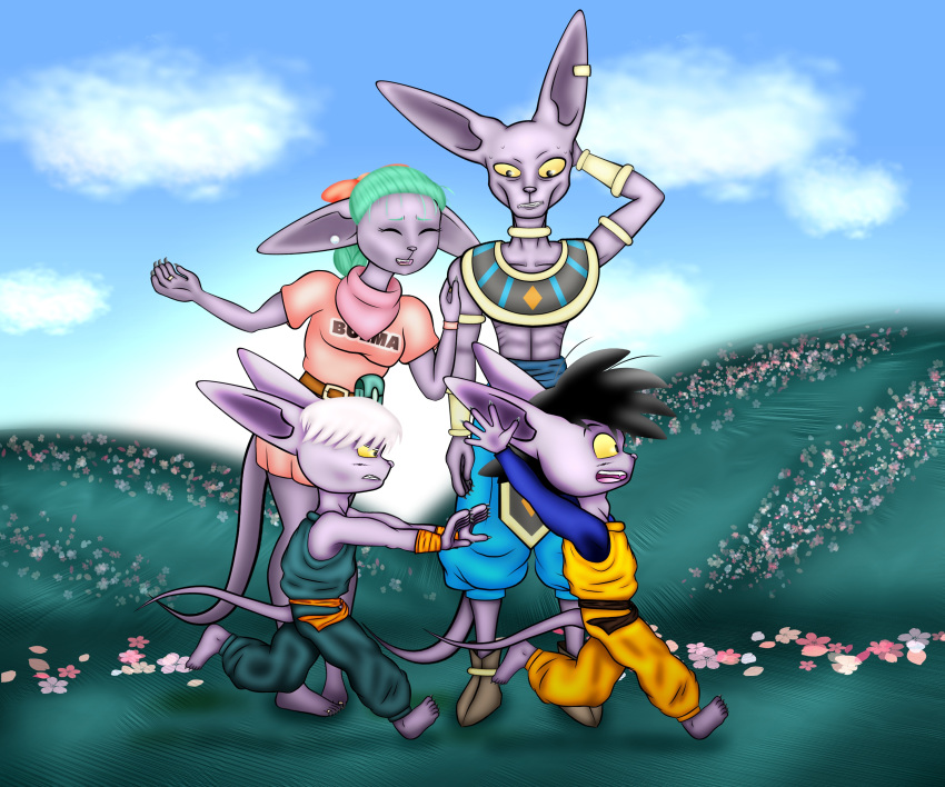 absurd_res anthro barefoot beerus beerus_hybrid bulma_(dragon_ball) domestic_cat dragon_ball dragon_ball_super felid feline felis female goten_(dragon_ball) group hi_res male male/female mammal nerdtlelovesart playing trunks_(dragonball_z)