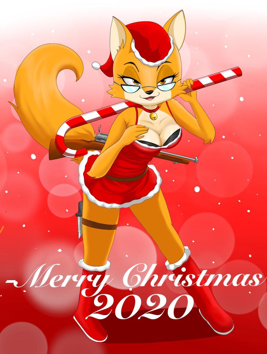 2020 anthro bell bell_collar boots breasts candy candy_cane canid canine christmas christmas_clothing christmas_headwear cleavage clothed clothing collar dessert eyewear female food footwear fox glasses gun half-closed_eyes hat headgear headwear hi_res holding_object holidays knife lt._fox_vixen mammal narrowed_eyes ranged_weapon santa_hat sek_studios smile snow solo squirrel_and_hedgehog standing weapon zebra10045