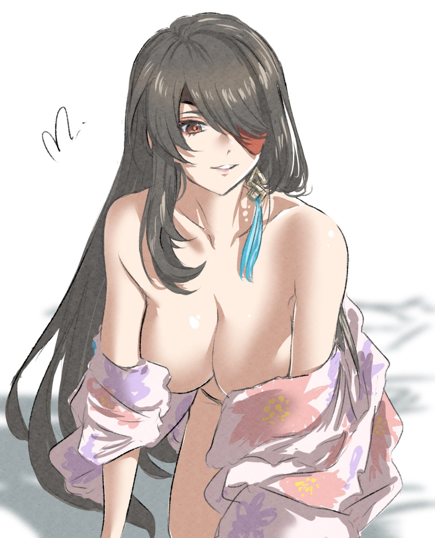 1girl all_fours alternate_costume bare_shoulders beidou_(genshin_impact) black_hair breasts cleavage eyepatch genshin_impact hair_ornament hair_over_one_eye hair_stick hairpin highres japanese_clothes kimono kimono_pull large_breasts long_hair mitsugu off_shoulder one_eye_covered parted_lips red_eyepatch red_eyes thighs white_background